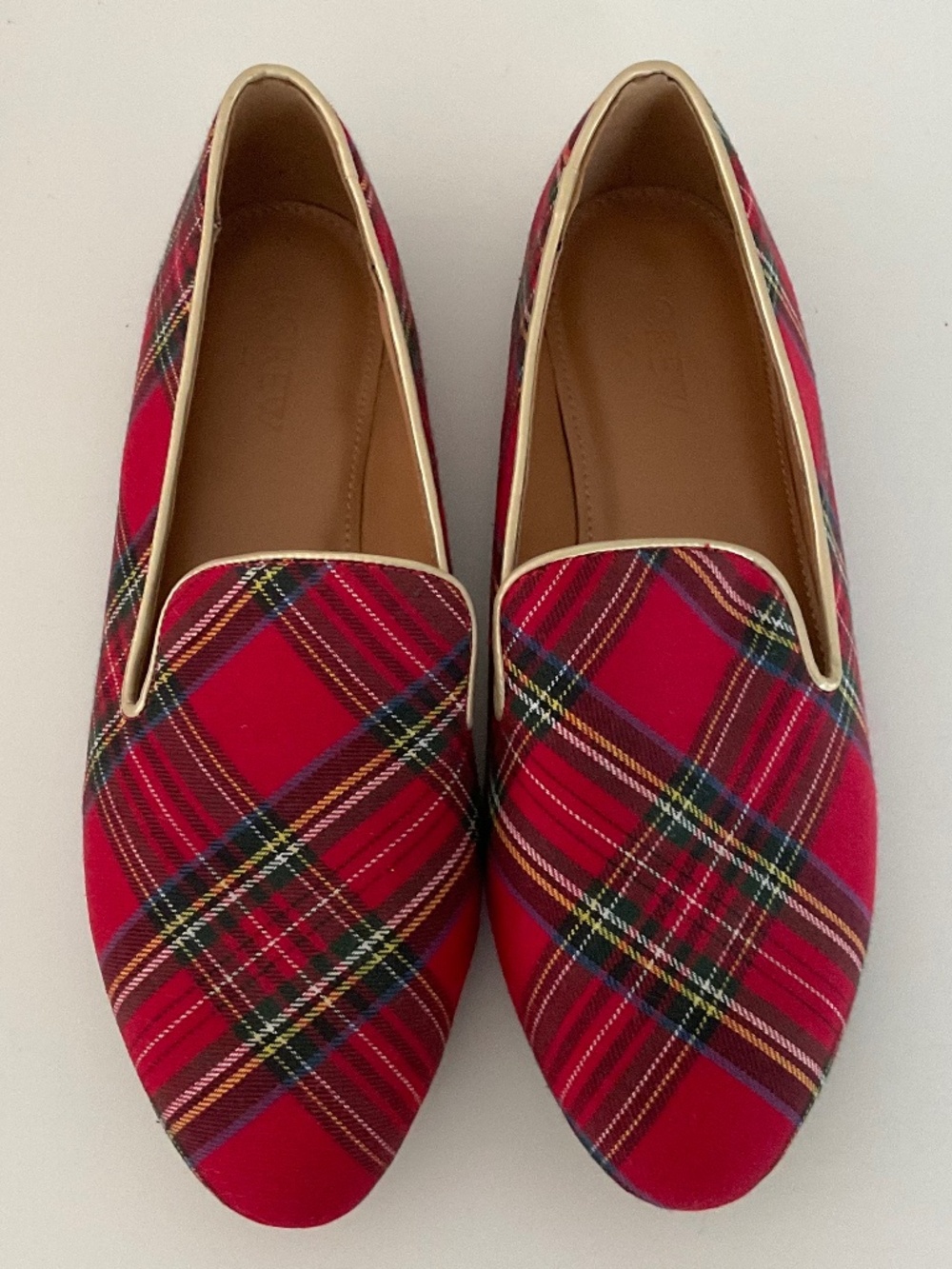 J. CREW Stewart Tartan Red Plaid /Gold Trim Slip On Loafers Size 7.5